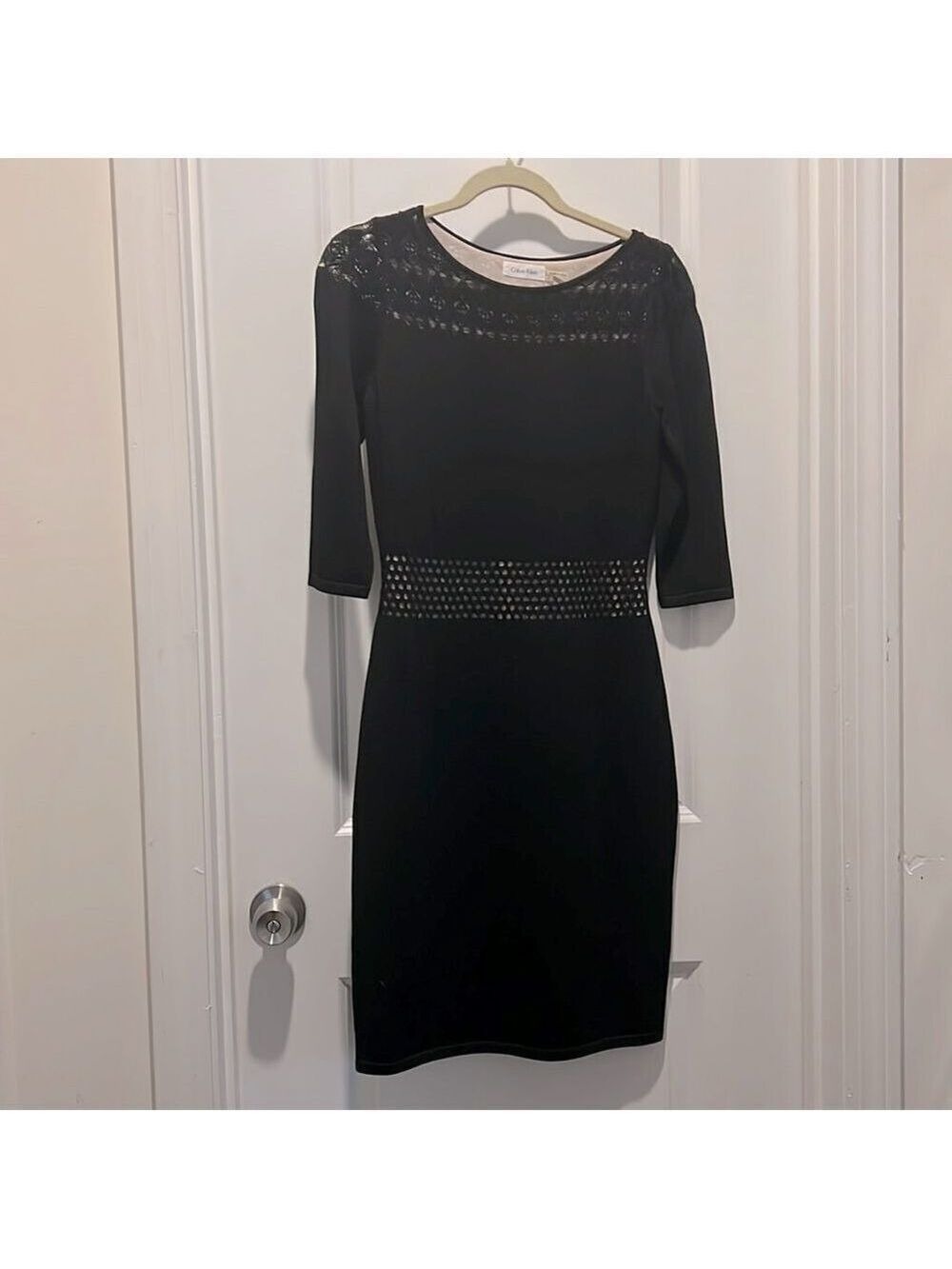 Calvin Klein Black Midi Dress size small 3/4 sleeves tan liner stitch texture
